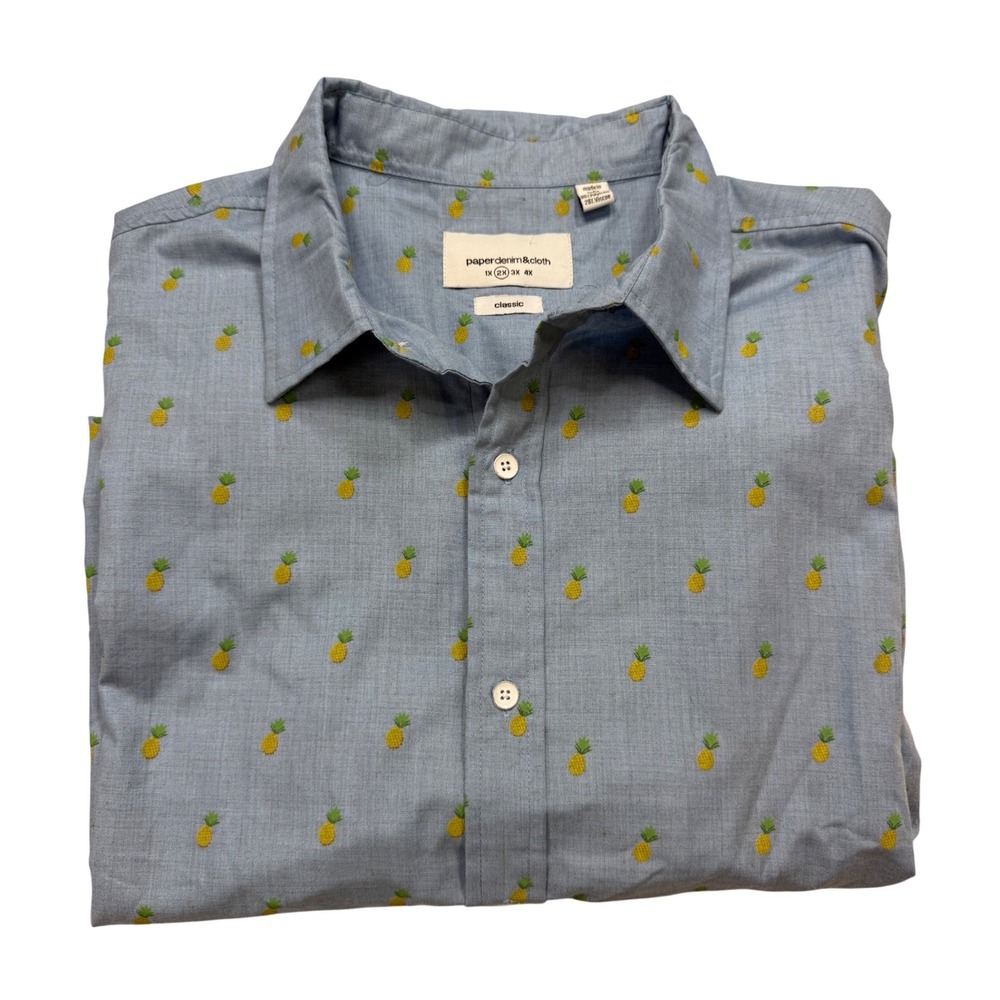 Paperdenim&cloth Button Up Shirt Mens 2X Blue New Pineapple Print Short Sleeve